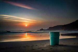 un' secchio su il spiaggia a tramonto. ai-generato foto