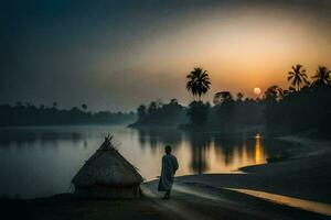 un' uomo a piedi lungo il riva di un' fiume a tramonto. ai-generato foto