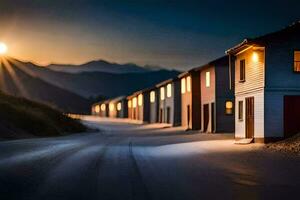 foto sfondo il cielo, strada, Casa, il sole, il montagne, il montagne, il. ai-generato