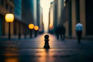 un' scacchi pezzo sta nel il mezzo di un' città strada. ai-generato foto