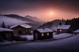 un' nevoso montagna villaggio a tramonto. ai-generato foto