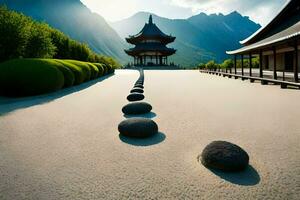un' sentiero con rocce nel davanti di un' pagoda. ai-generato foto