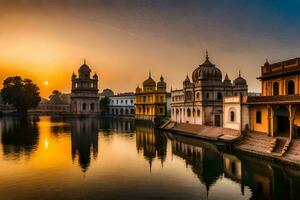 il sole imposta al di sopra di il città di Udaipur nel India. ai-generato foto