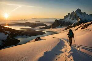 un' persona escursioni a piedi nel il neve con montagne nel il sfondo. ai-generato foto