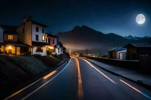 un' lungo esposizione foto di un' strada a notte con un' Luna nel il sfondo. ai-generato