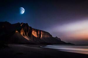 il Luna è splendente al di sopra di un' roccioso spiaggia a notte. ai-generato foto