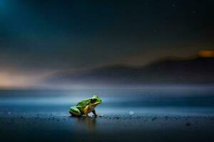 un' rana seduta su il spiaggia a notte. ai-generato foto