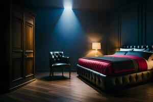 un' buio Camera da letto con un' letto, sedia e lampada. ai-generato foto