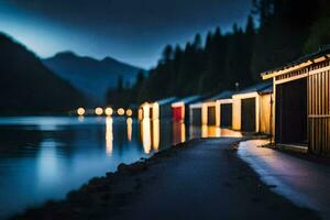 foto sfondo il notte, lago, Casa, il luci, il luci, il luci, il. ai-generato