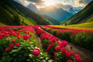 il sole brilla su un' campo di rosa tulipani. ai-generato foto