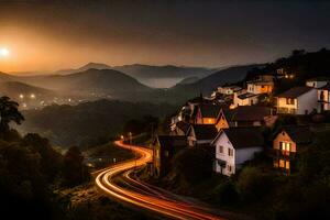 un' cittadina con un' strada avvolgimento attraverso esso a tramonto. ai-generato foto