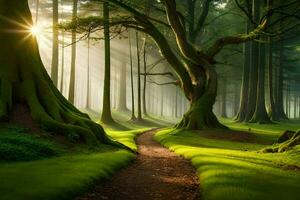 un' sentiero attraverso un' foresta con alberi e erba. ai-generato foto