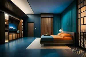 un' moderno Camera da letto con blu muri e un' letto. ai-generato foto