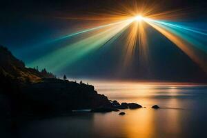 un' luminosa leggero brilla al di sopra di il oceano e rocce. ai-generato foto