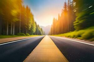 un' sfocato Immagine di un' strada nel il foresta. ai-generato foto