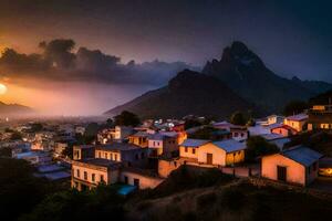 foto sfondo il cielo, montagne, il sole, il Luna, il montagne, il villaggio,. ai-generato