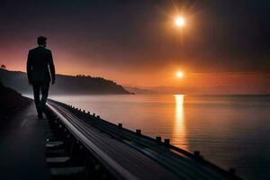 un' uomo passeggiate lungo un' molo a tramonto. ai-generato foto