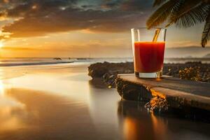 un' bicchiere di arancia succo su il spiaggia a tramonto. ai-generato foto