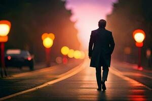 un' uomo a piedi giù un' strada a crepuscolo. ai-generato foto