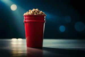 un' rosso tazza pieno con Popcorn su un' tavolo. ai-generato foto