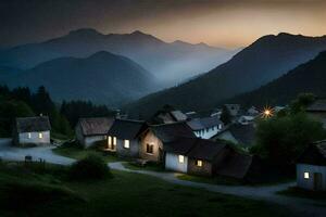 foto sfondo il cielo, montagne, villaggio, il scuro, il luce, il montagne, il. ai-generato