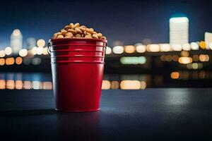 un' rosso tazza pieno con arachidi seduta su un' tavolo nel davanti di un' città orizzonte. ai-generato foto