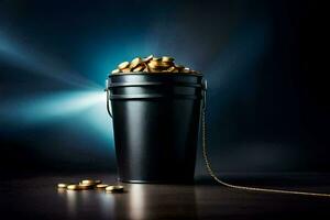 un' secchio pieno con oro monete su un' buio sfondo. ai-generato foto
