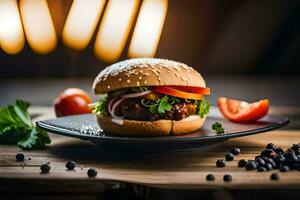 un' Hamburger su un' piatto con pomodori e more. ai-generato foto