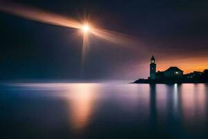 un' faro nel il mezzo di il oceano a notte. ai-generato foto