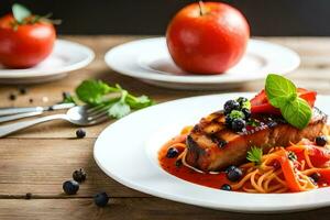 grigliato salmone con spaghetti e pomodori su un' di legno tavolo. ai-generato foto