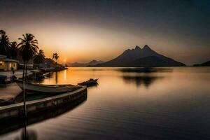 un' barca si siede nel il acqua a tramonto con montagne nel il sfondo. ai-generato foto
