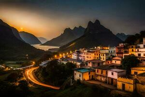 un' cittadina nel il montagne a tramonto. ai-generato foto