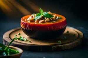 un' pomodoro e verde insalata su un' piatto. ai-generato foto