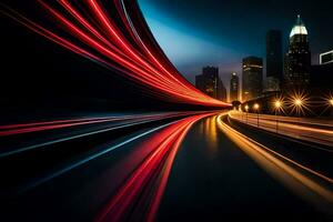 un' città a notte con leggero sentieri su il strada. ai-generato foto