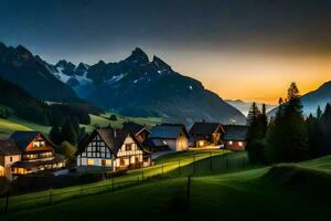 un' villaggio nel il montagne a tramonto. ai-generato foto