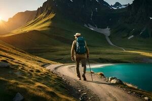 un' uomo con un' zaino passeggiate lungo un' sentiero vicino un' lago. ai-generato foto