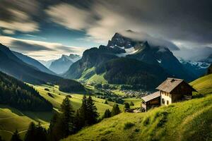 un' Casa nel il montagne con un' nuvoloso cielo. ai-generato foto