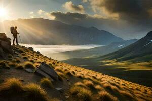 il sole sorge al di sopra di il montagne. ai-generato foto