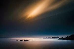 un' lungo esposizione fotografia di il oceano e rocce a notte. ai-generato foto