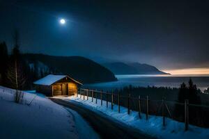 un' cabina nel il neve a notte con un' pieno Luna. ai-generato foto