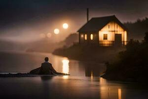 un' uomo seduta su un' barca nel il acqua a notte. ai-generato foto