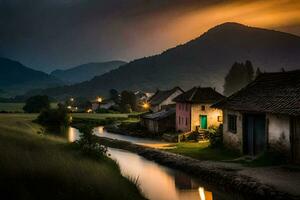 foto sfondo il cielo, montagne, fiume, villaggio, tramonto, il campagna, il villaggio,. ai-generato