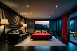 un' moderno Camera da letto con un' rosso letto e nero muri. ai-generato foto