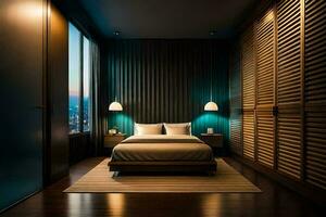 un' Camera da letto con di legno muri e un' letto. ai-generato foto