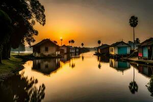 un' fiume con case e palma alberi a tramonto. ai-generato foto