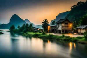 un' fiume nel il montagne con un' Casa e alberi. ai-generato foto