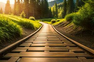 un' di legno sentiero nel il mezzo di un' campo. ai-generato foto