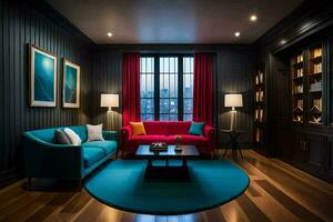 un' vivente camera con un' blu divano e un' rosso uno. ai-generato foto