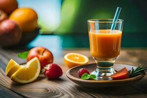 un' bicchiere di succo con frutta e frutti di bosco. ai-generato foto