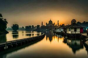 il sole sorge al di sopra di un' moschea e un' fiume. ai-generato foto